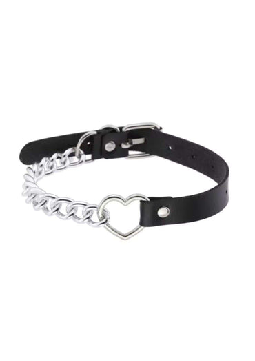 Black leather heart chain choker with silver chain pendant in faux leather spike slave choker design