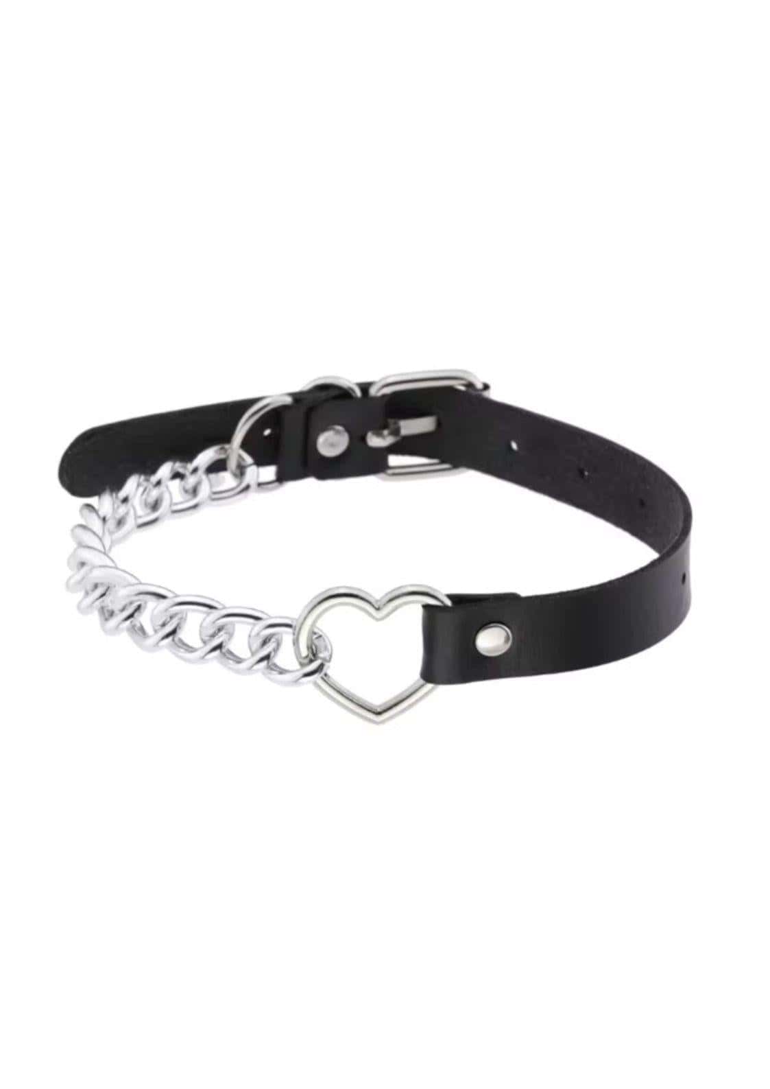 Black leather heart chain choker with silver chain pendant in faux leather spike slave choker design