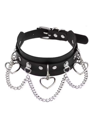 Black faux leather slave choker with silver heart-shaped charms and dangling chains in heart chain slave style