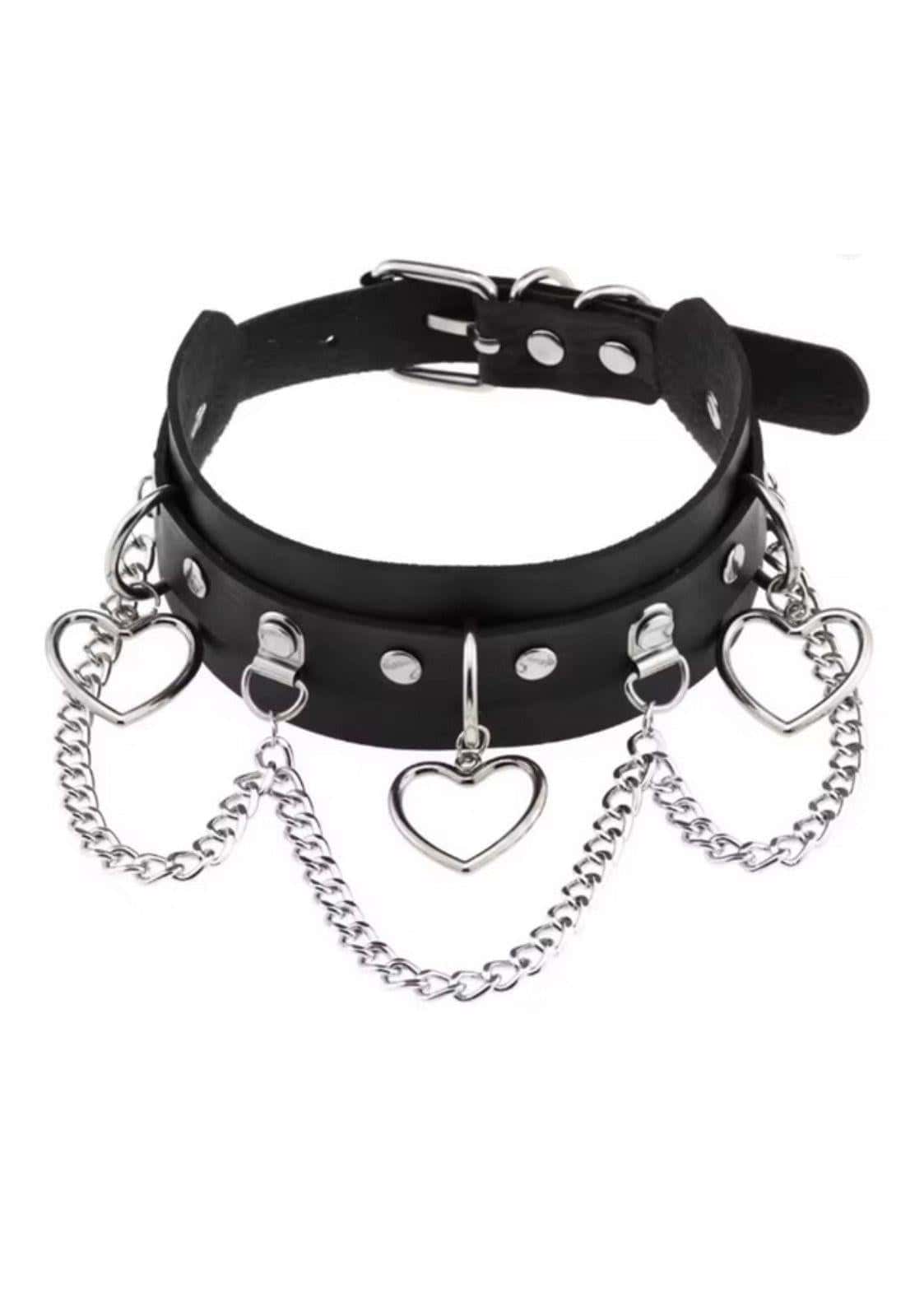 Black faux leather slave choker with silver heart-shaped charms and dangling chains in heart chain slave style