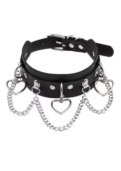 Black faux leather slave choker with silver heart-shaped charms and dangling chains in heart chain slave style