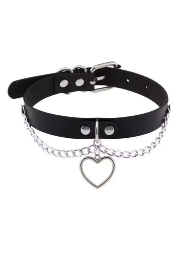 Schwarzes faux leder herz o ring choker mit silberner kette und herzanhaenger spike slave choker