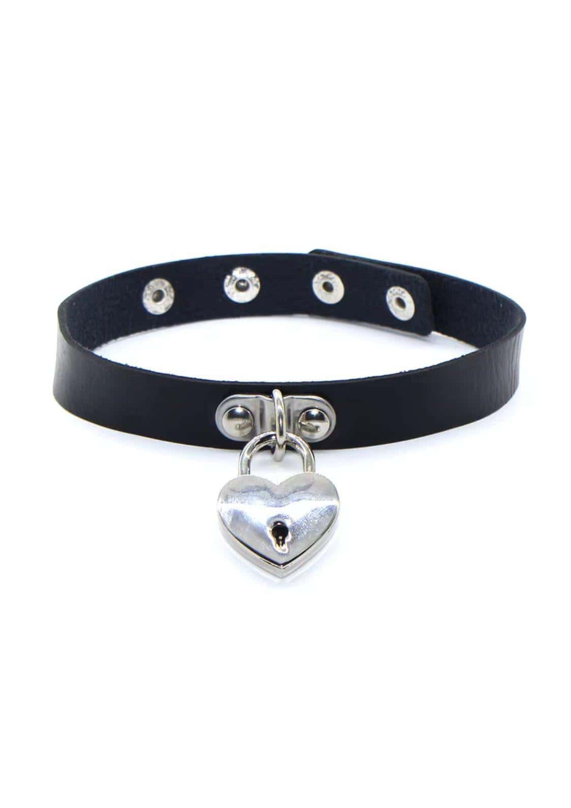 Black faux leather choker with silver-toned heart-shaped lock pendant suitable for stylish accessories