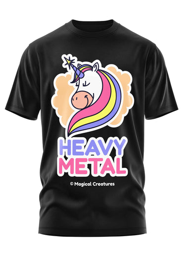 Schwarzes kurzarm-shirt mit buntem cartoon-einhorn und heavy metal schriftzug in lila und pink für gothic fans
