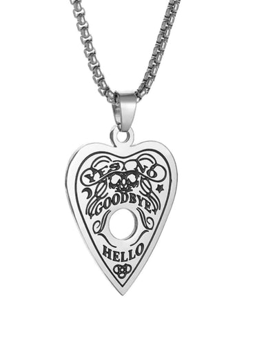 Silberne herzförmige ouija board halskette hello goodbye mit graviertem yes no goodbye hello text und schädel design