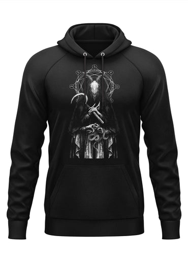 Black heresy hoodie with gothic white goat-headed figure holding scythe and dagger surrounded by geometric symbols