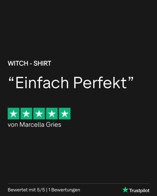 Hexen-Shirt mit schwarzem Hintergrund und weißem Text, mit Fünf-Sterne-Bewertung.
