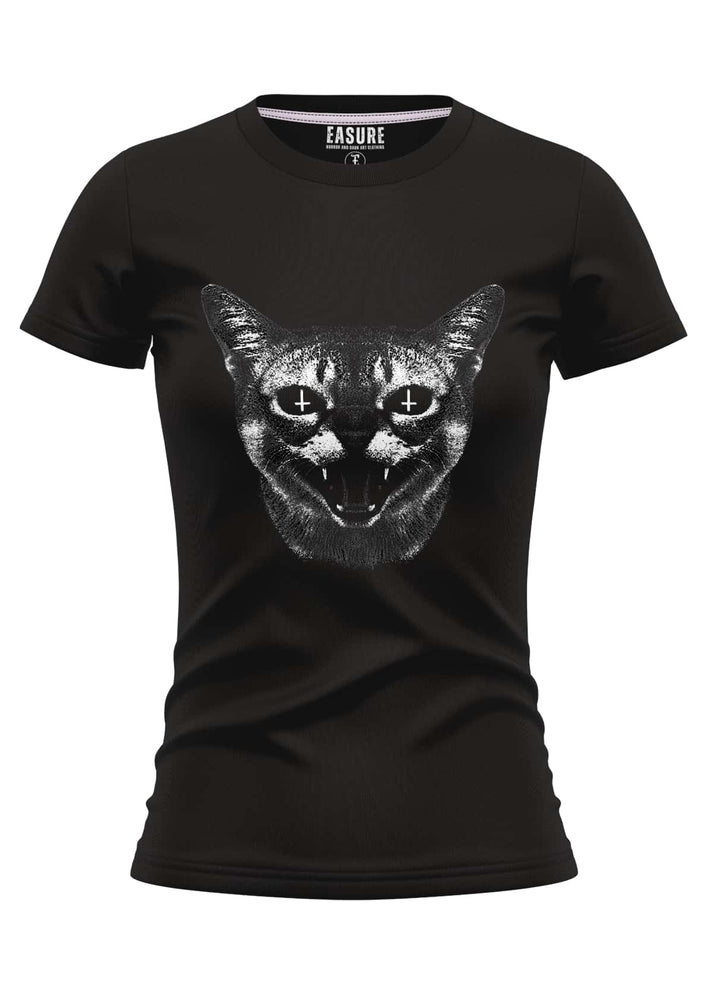 Schwarzes girlie-shirt von easure mit hissing cat grafik aus strapazierfähigem stoff und weicher qualität