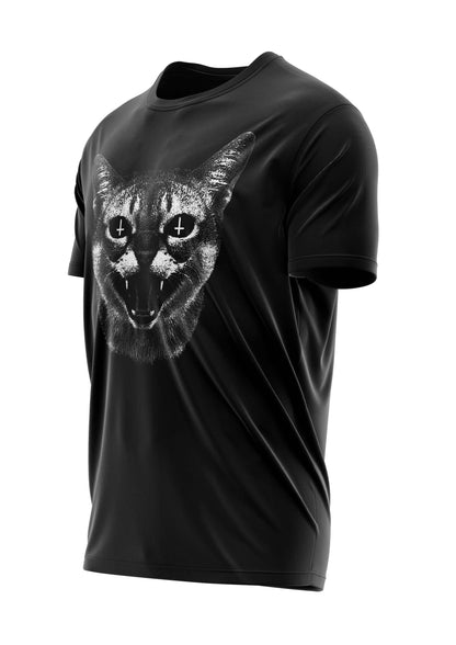 Schwarzes Gothic-T-Shirt mit bedrohlicher Katze