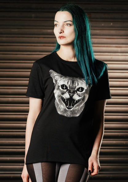 Schwarzes Gothic-Metal-T-Shirt mit zorniger Katze