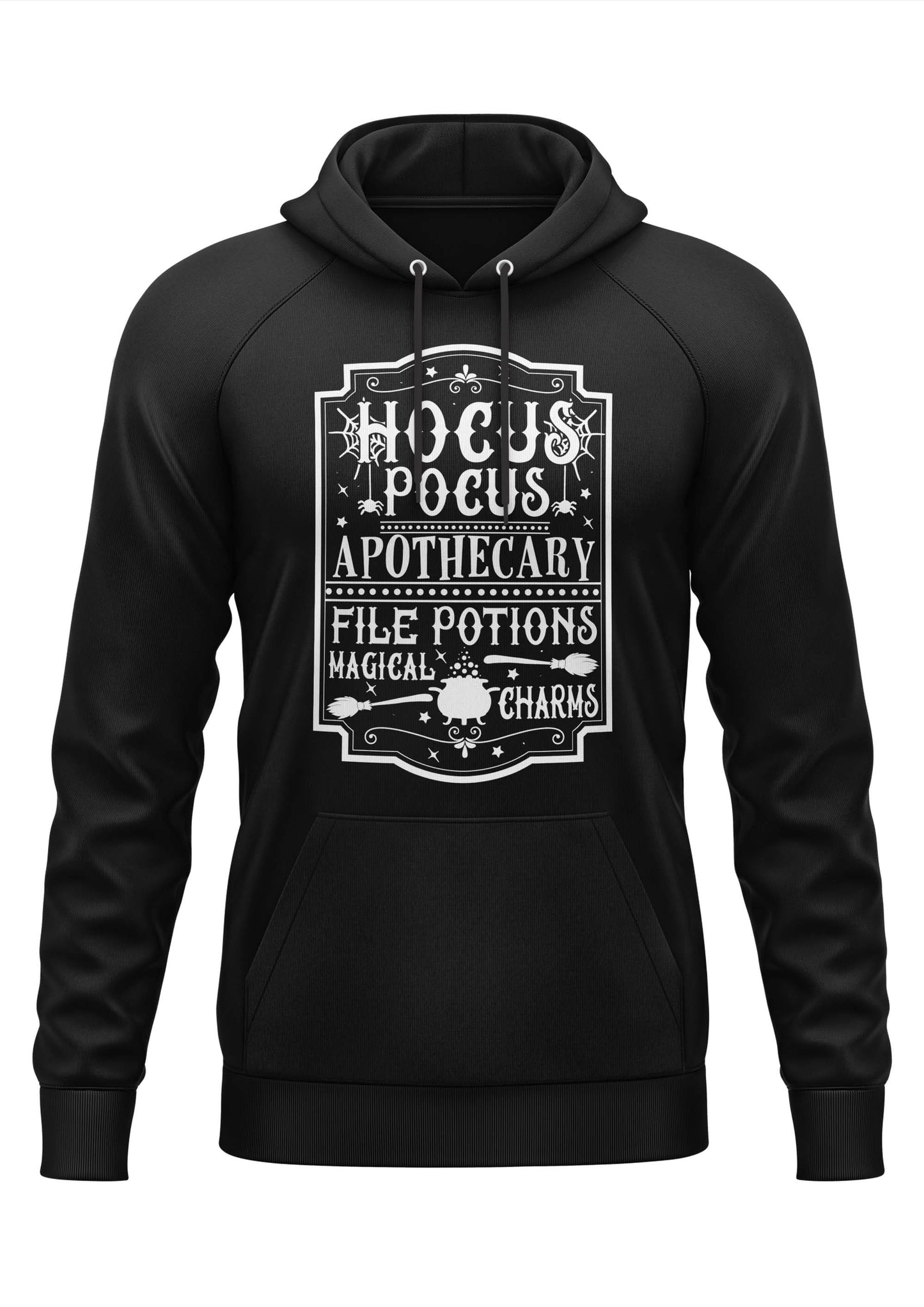 Schwarzer Gothic-Hoodie Hocus Pocus Potions mit weißem Apotheken-Design