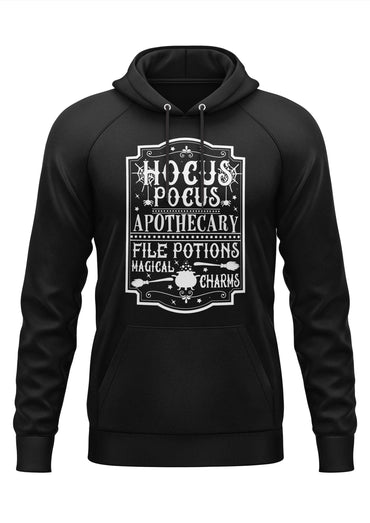 Schwarzer hoodie mit weißem gothic hocus pocus apothecary grafikdesign ideal für horror fans