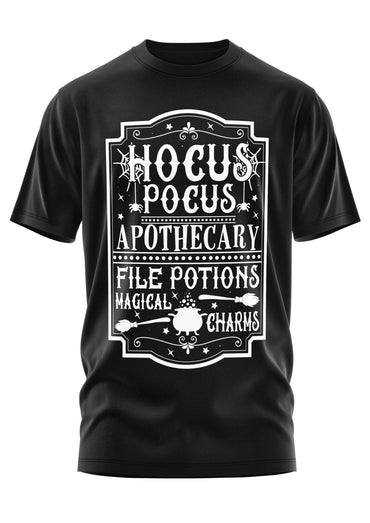 Schwarzes kurzarmshirt mit weißem hocus pocus apothecary grafikdesign und gothic horror magischen motive