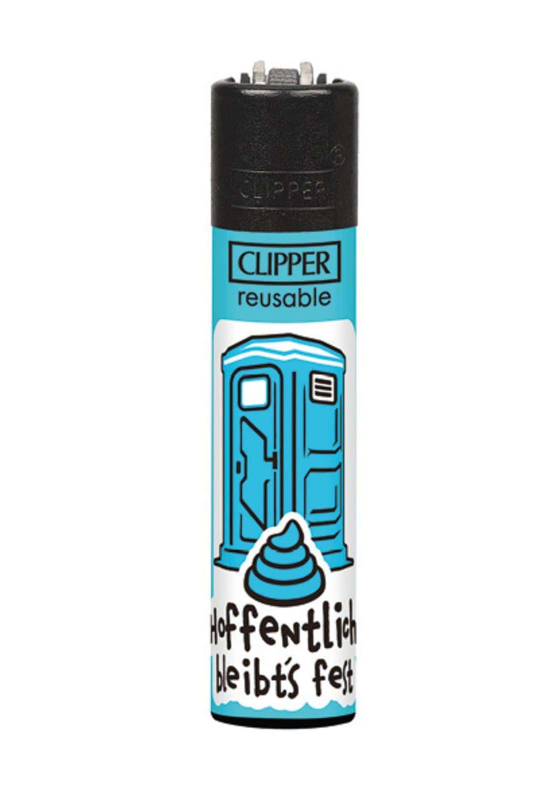 Blau weißes clipper feuerzeug mit cartoon tragbarem wc und hoffentlich bleibt’s fest schriftzug für gothic kleidung und horror fans