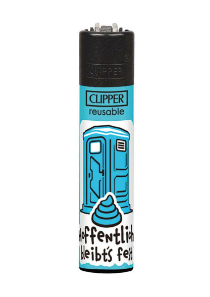 Blau weißes clipper feuerzeug mit cartoon tragbarem wc und hoffentlich bleibt’s fest schriftzug für gothic kleidung und horror fans