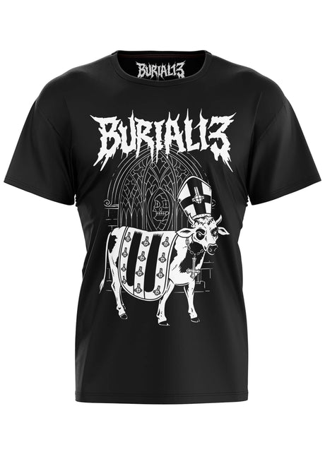 Schwarzes Kurzarm-T-Shirt mit weißem Grafikdruck einer Kuh, die eine Bischofsmitra und eine Kreuz-Kette trägt.