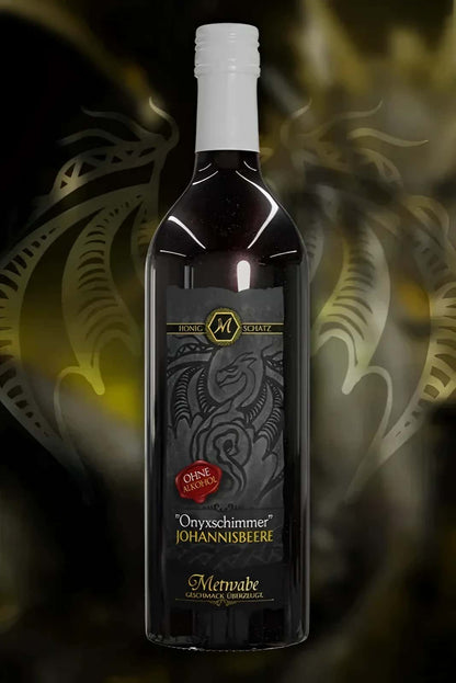 Flasche honigschatz onyxschimmer alkoholfrei 075l mit dunklem rotwein und gothic drachenetikett in horror stil