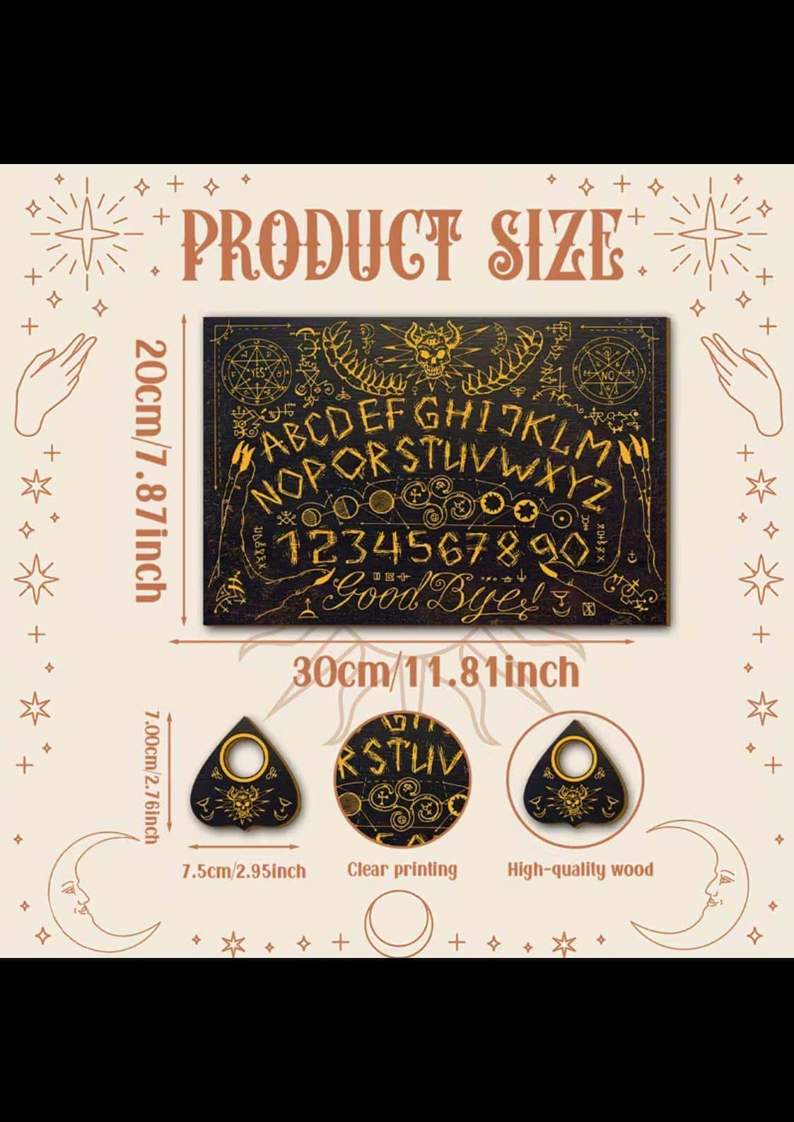 Schwarzes holz horned skull big ouija board mit goldenen zahlen und symbolen für klassische ouija-tradition und spirit board