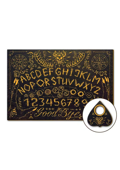 Horned skull small spirit board ouija board in black with gold lettering and skull planchette im klassische ouija-tradition