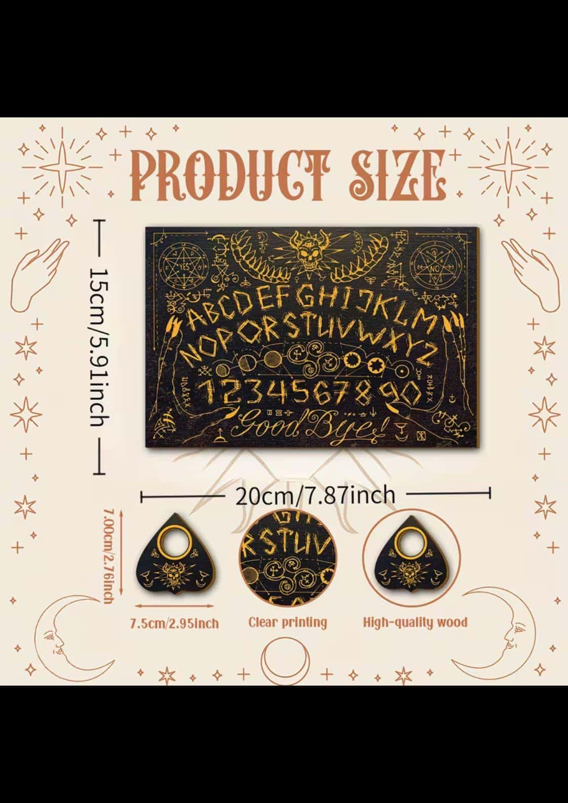 Horned skull small spirit board aus schwarzem holz mit goldenen lettern und dreieckigem planchette im stile der klassischen ouija-tradition
