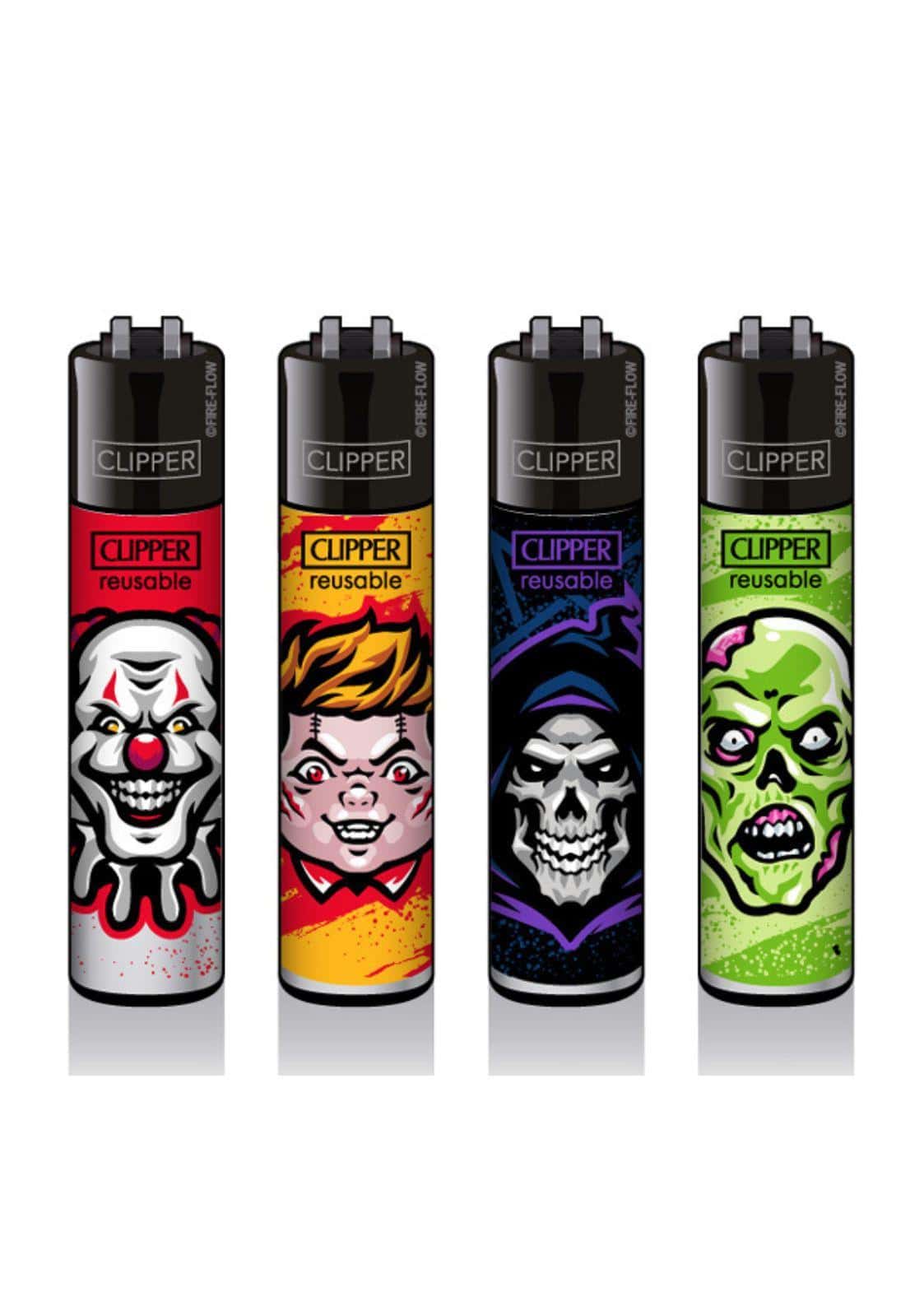 Vier clipper feuerzeuge mit horrordesigns und lebhaften farben im clipper feuerzeug set