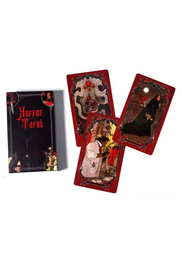 Horror tarot tarot karten deck mit roten karten und schwarzen ornamentalen rahmen für gruselige legungen