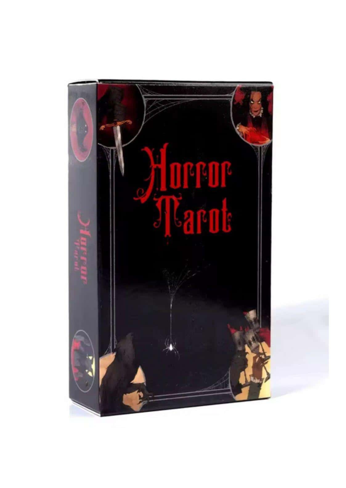 Horror tarot karten box in schwarz mit roter gotischer schrift und gruseligen illustrationen von lizenzierte bekleidung ltd