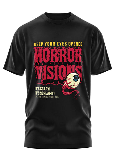Schwarzes kurzarmshirt horror visions mit gothic horror motiv und rotem tropfendem texteffekt und augendesign