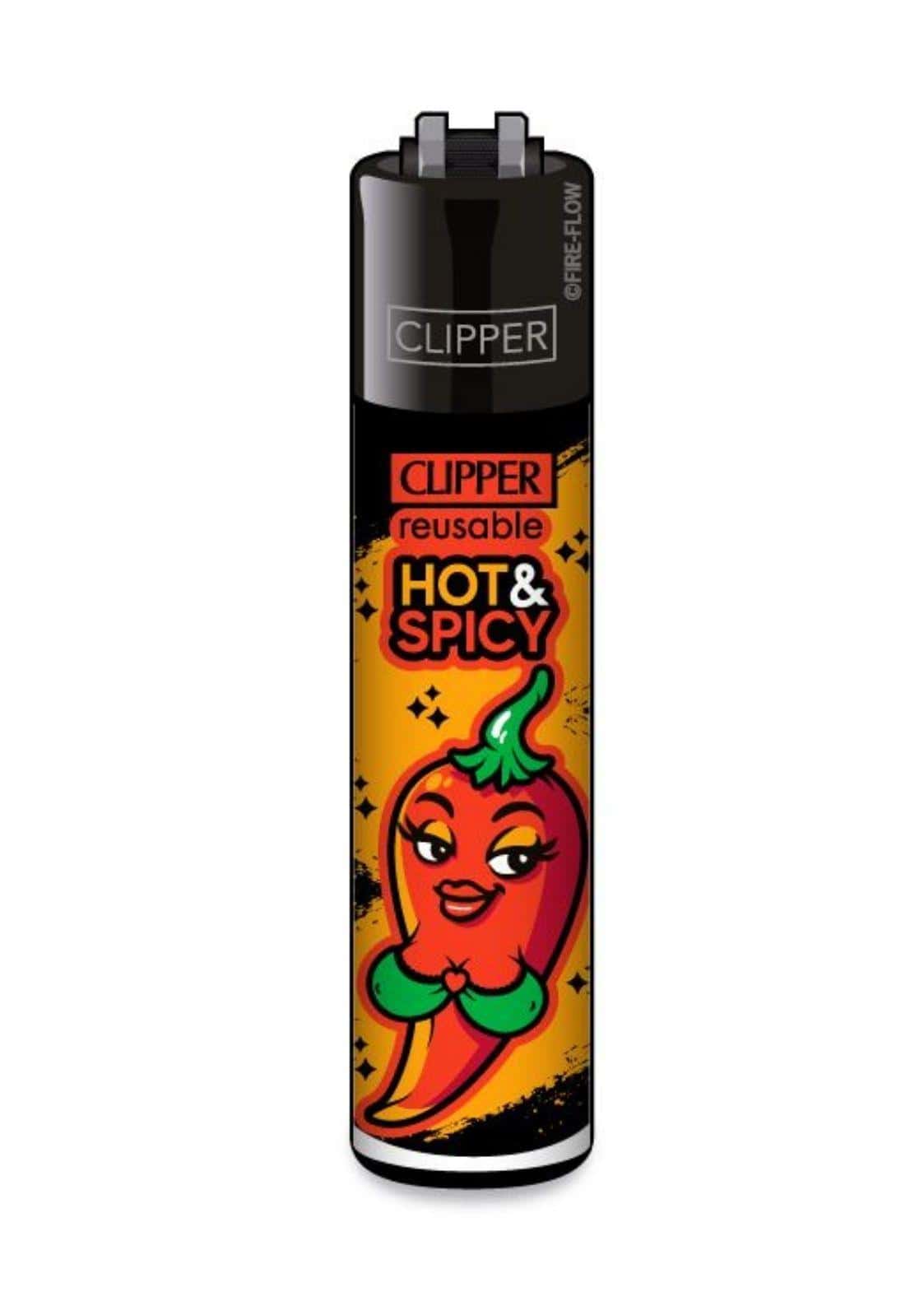 Vibrantes orange-grünes clipper feuerzeug mit austauschbarem feuerstein und hot & spicy design in gelbem hintergrund