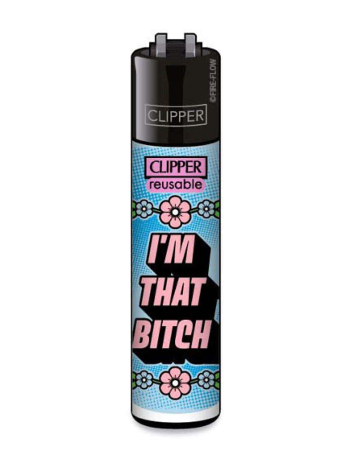 Schwarzes nachfüllbares clipper-feuerzeug mit soft-touch-oberfläche und floralem design ich bin that bitch