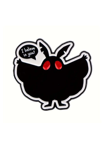 Schwarzes plush spielzeug mit roten augen und sprechblase ich glaube an dich gaia lizenzierte kleidung pin