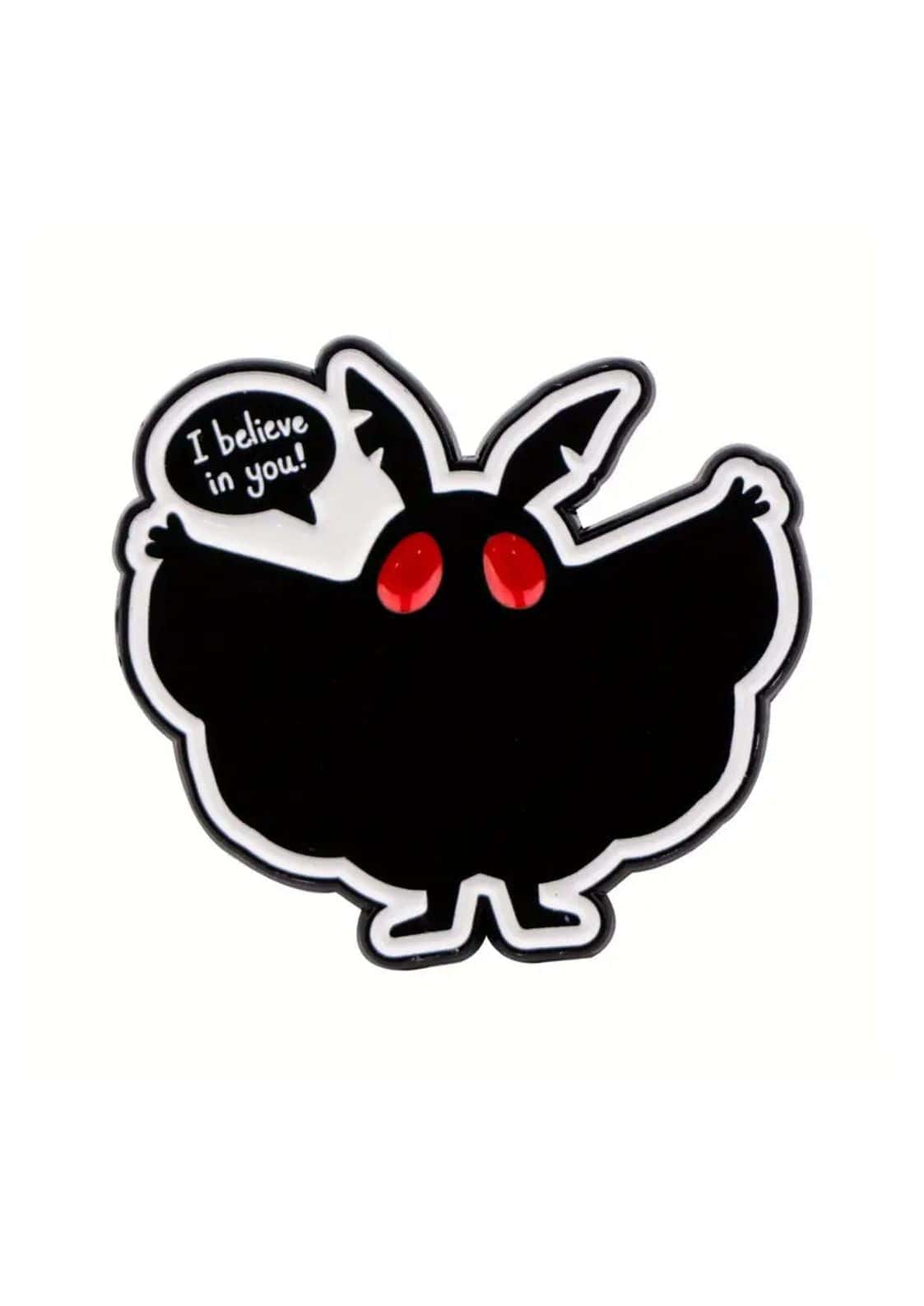 Schwarzes Plüschtier mit roten Augen und Sprechblase mit der Aufschrift ’Ich glaube an dich!’.