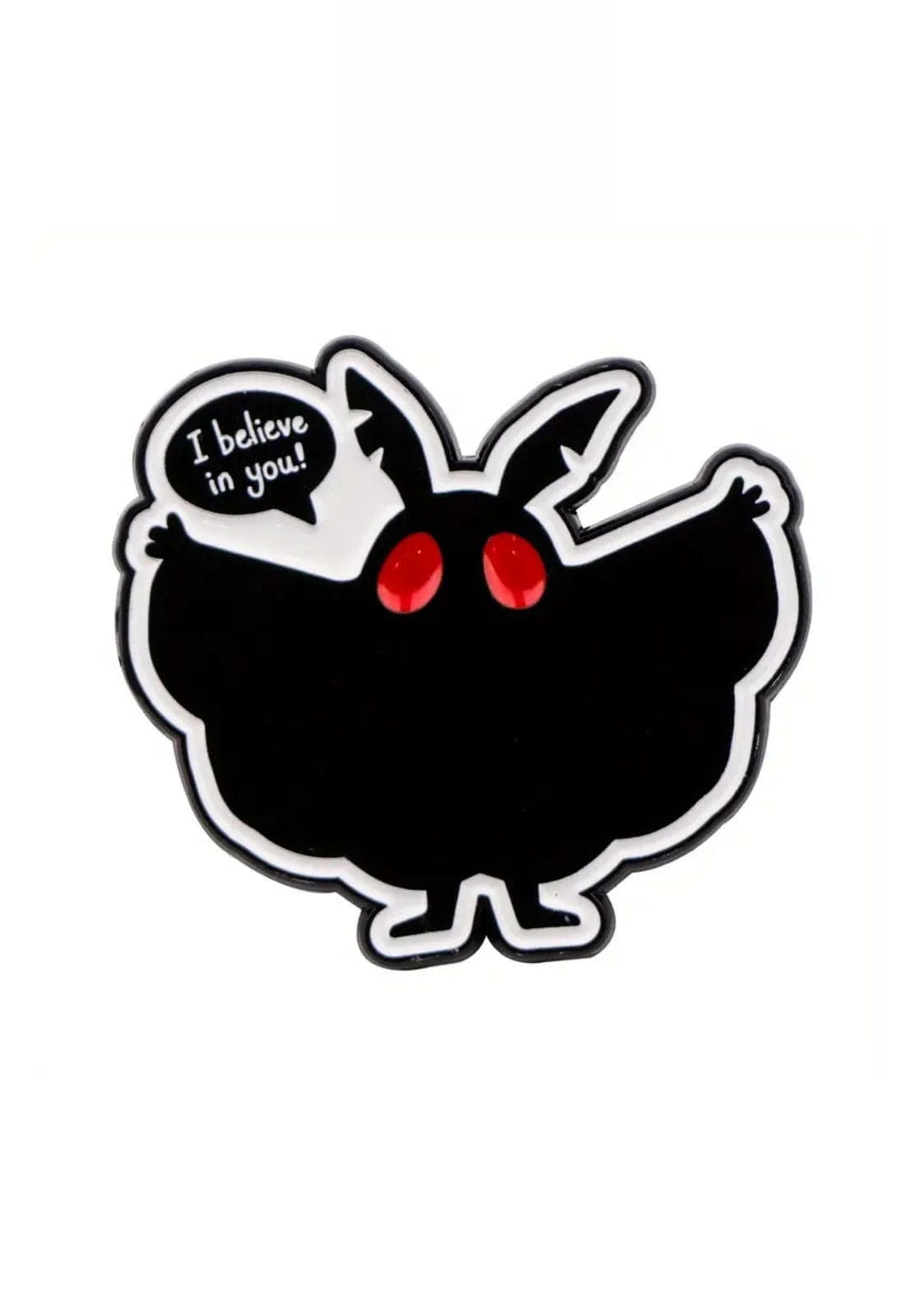 Schwarzes Plüschtier mit roten Augen und Sprechblase mit der Aufschrift ’Ich glaube an dich!’.