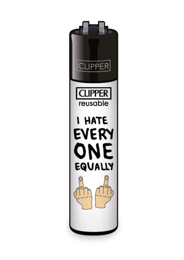 Schwarz weißes nachfüllbares clipper feuerzeug mit bold text i hate every one equally und cartoon mittelzeigern für gothic horror dark fashion fans