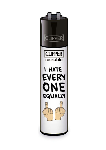 Schwarz weißes nachfüllbares clipper feuerzeug mit bold text i hate every one equally und cartoon mittelzeigern für gothic horror dark fashion fans