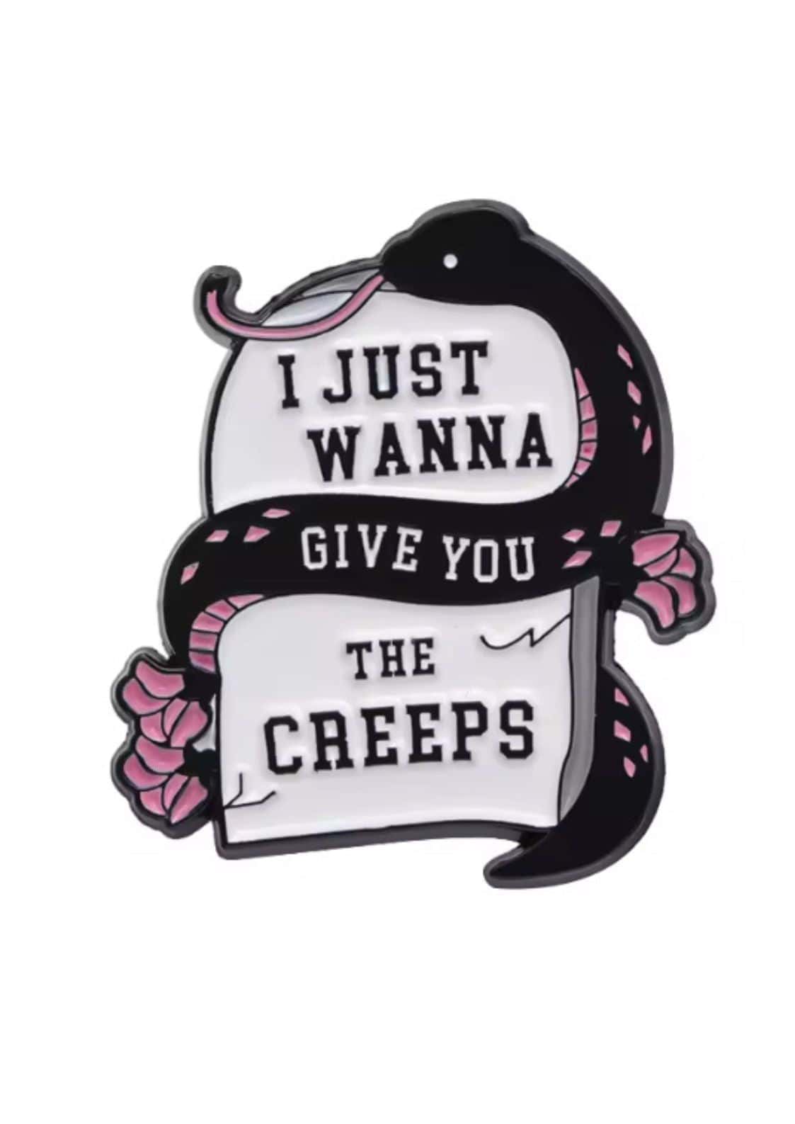 Schwarzer Schlangenenamelpin mit rosa Blumen und Text »Ich möchte dir nur Angst machen«