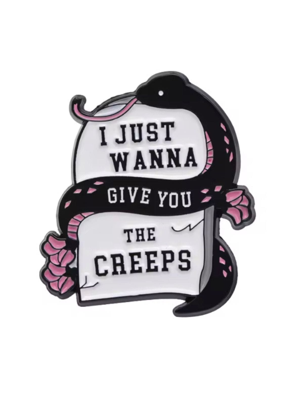 Schwarzer Schlangenenamelpin mit rosa Blumen und Text »Ich möchte dir nur Angst machen«