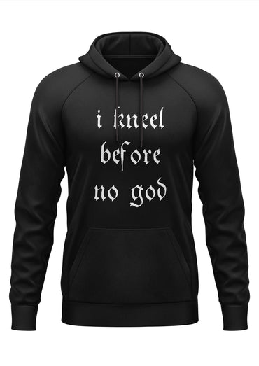 Schwarzer hoodie mit weißem gothic-text i kneel before no god passend für horror- und bitte-stil