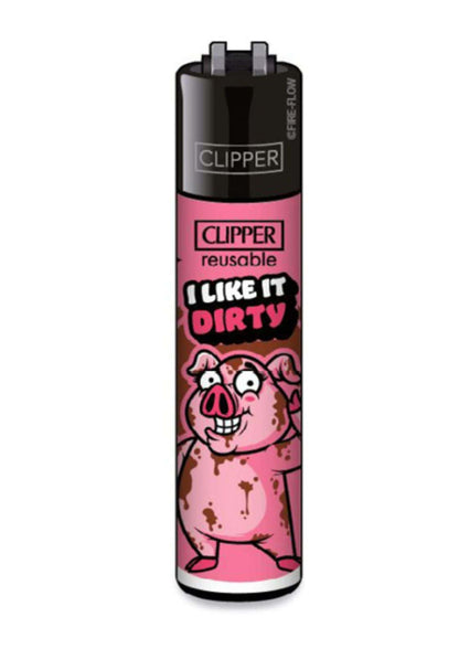 Nachfüllbares clipper lighter in pink mit schwarzer kappe und i like it dirty slogan, perfekt für den alltag