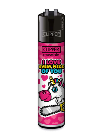 Pink und weißer refillable clipper lighter mit cartoon-einhorn und herzmotiven im design i love every piece of you