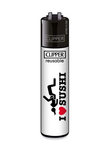 Weißer und schwarzer clipper feuerzeug mit i liebe sushi design und rotem herz ideal für gothic kleidung fans