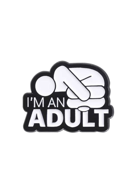Schwarz-weißer Email-Sticker mit einer stilisierten Illustration einer Person, die den Kopf gesenkt hat, begleitet vom Text ‚ich bin ein Erwachsener‘ in fetter Schrift.