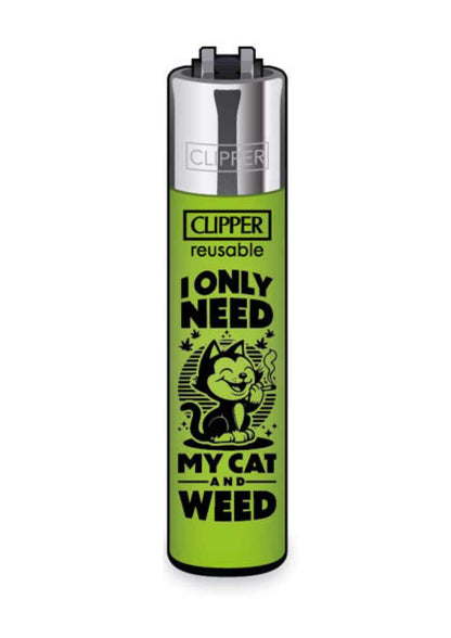 Limettengrünes nachfüllbares clipper-feuerzeug mit soft-touch-oberfläche und schwarzem katzenmotiv text i only need my cat and weed