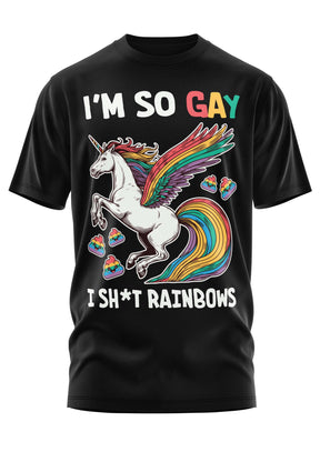 Ein schwarzes T-Shirt mit einem bunten Einhornmotiv.