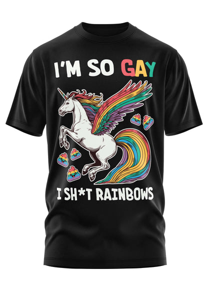 Ein schwarzes T-Shirt mit einem bunten Einhornmotiv.