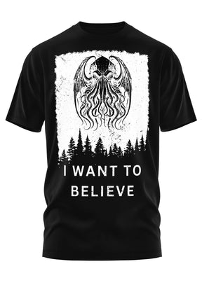 Schwarzes Gothic-Metal T-Shirt mit Cthulhu-Motiv und I Want to Believe