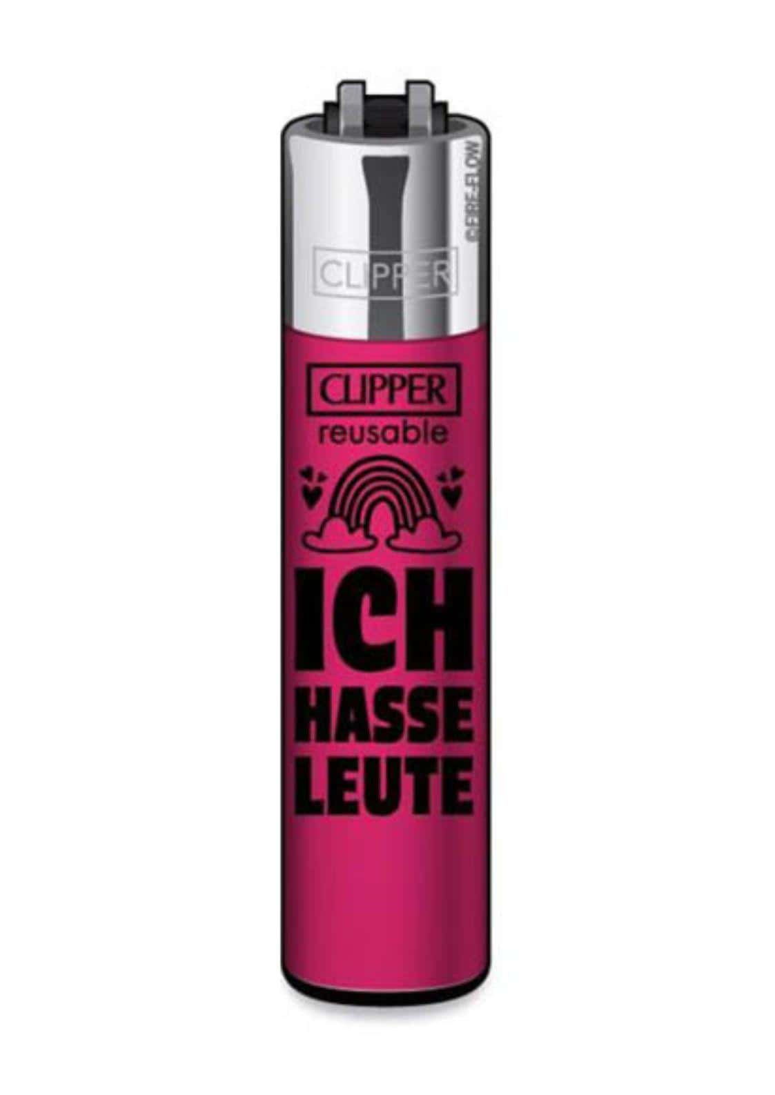 Ein vibrierendes magenta clipper feuerzeug mit silberner oberseite und schwarzem ich hasse leute text, perfekt für den alltag