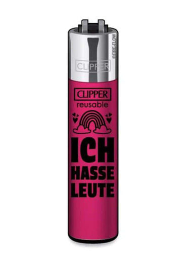 Ein vibrierendes magenta clipper feuerzeug mit silberner oberseite und schwarzem ich hasse leute text, perfekt für den alltag