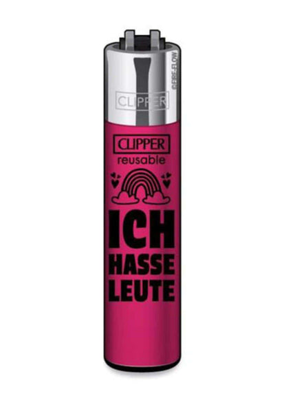 Ein vibrierendes magenta clipper feuerzeug mit silberner oberseite und schwarzem ich hasse leute text, perfekt für den alltag