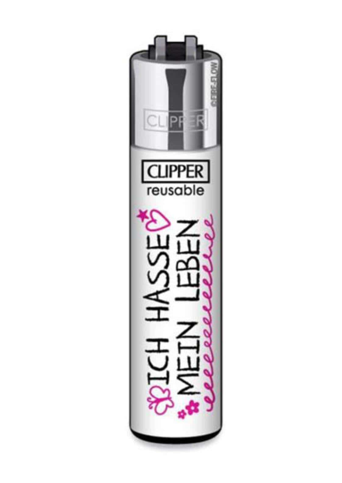 Silber-weißes clipper feuerzeug mit pinkem text und herzdesigns, nachfüllbar und perfekt für jeden der mag